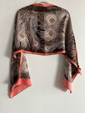 liberty silk scarf hand-rolled brown, coral and cream peacock motif